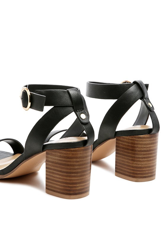 ANKLE STRAP STACK HEELED SANDAL - LEATHER