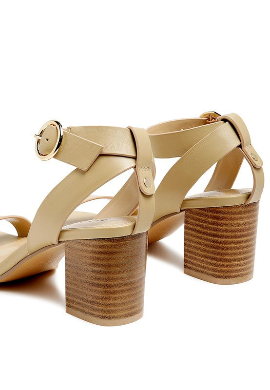 ANKLE STRAP STACK HEELED SANDAL - LEATHER