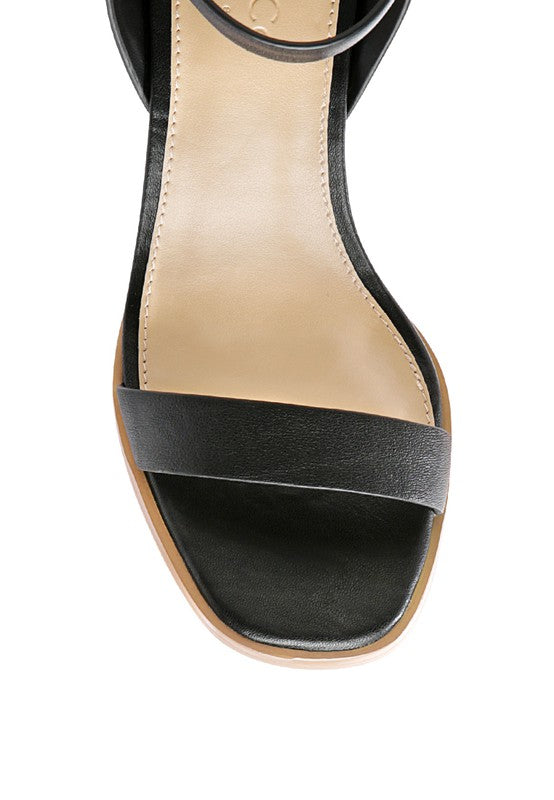ANKLE STRAP STACK HEELED SANDAL - LEATHER