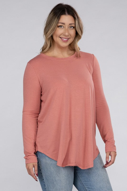 Plus Long Sleeve Round Neck Round Hem Tunic Top