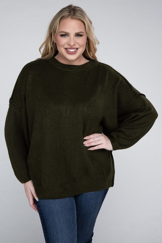 Plus Oversized Round Neck Raw Seam Sweater