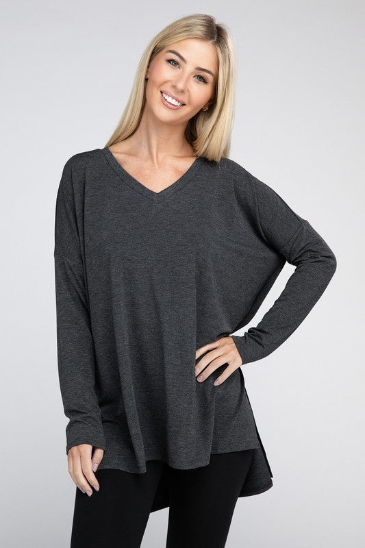 Dolman Long Sleeve  V-Neck  Top with Side Slit Hi-Low Hem