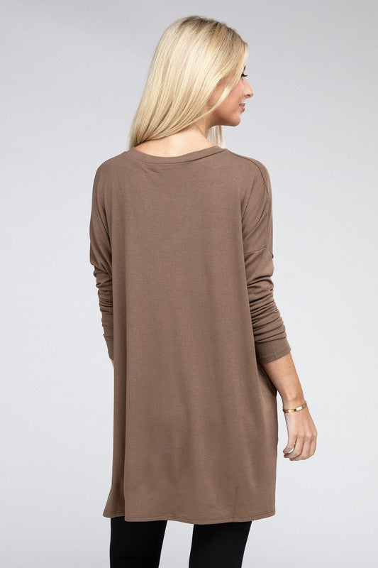 Dolman Long Sleeve  V-Neck  Top with Side Slit Hi-Low Hem