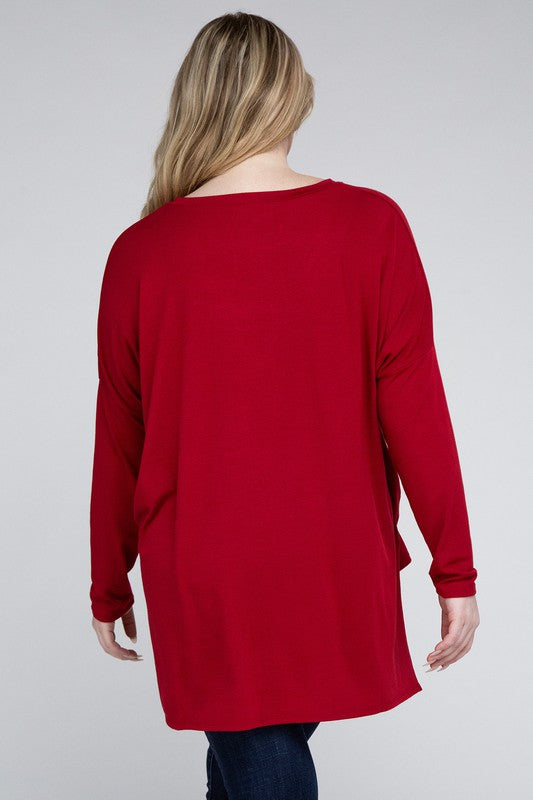 Plus  V-Neck Side Slit Hi-Low Hem Tunic Top