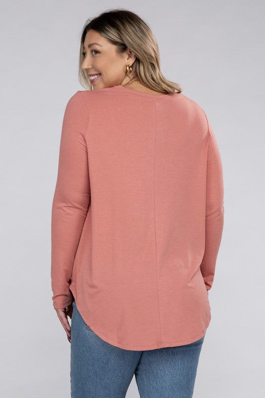 Plus Long Sleeve Round Neck Round Hem Tunic Top