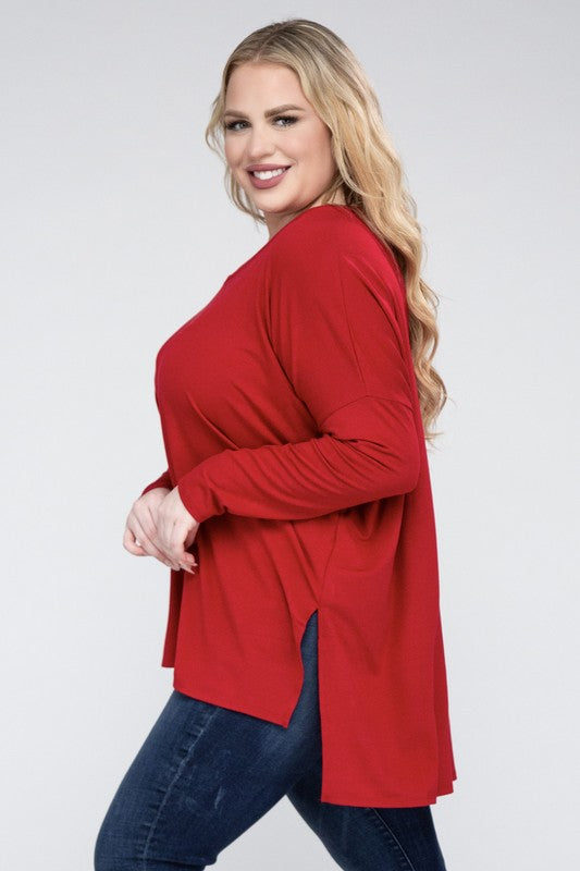 Plus  V-Neck Side Slit Hi-Low Hem Tunic Top