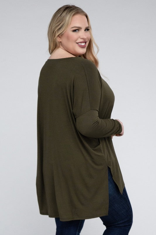 Plus  V-Neck Side Slit Hi-Low Hem Tunic Top