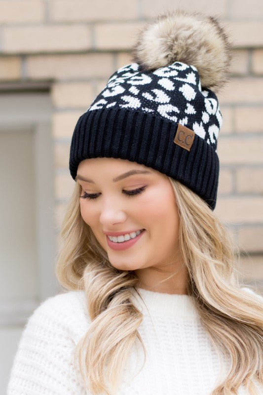 Leopard Print Fur Pom Beanie