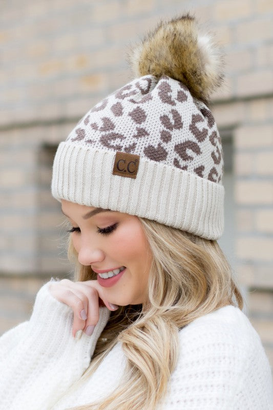 Leopard Print Fur Pom Beanie