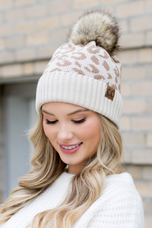 Leopard Print Fur Pom Beanie