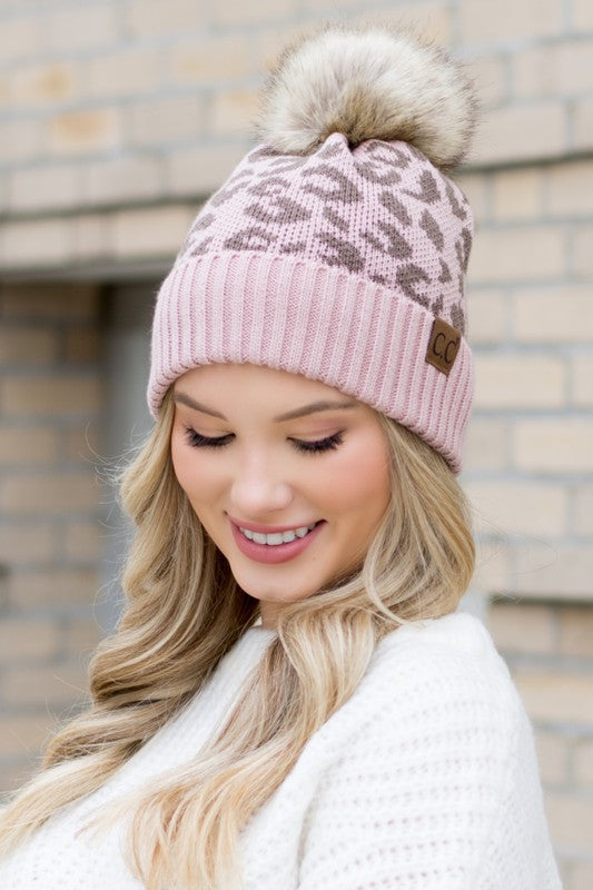 Leopard Print Fur Pom Beanie