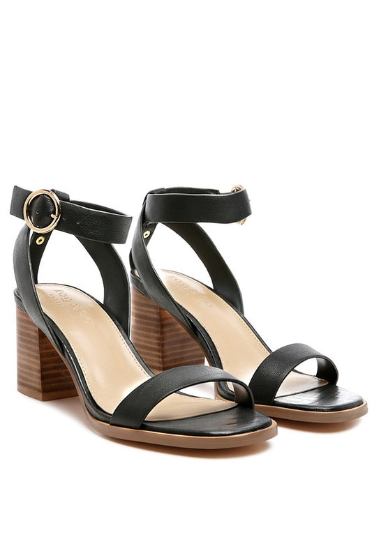 ANKLE STRAP STACK HEELED SANDAL - LEATHER