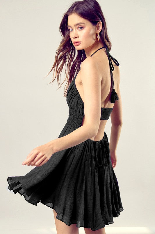 Lace Trim Back Drawstring Dress