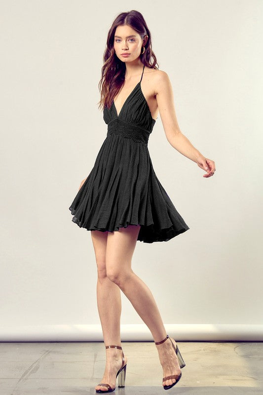 Lace Trim Back Drawstring Dress