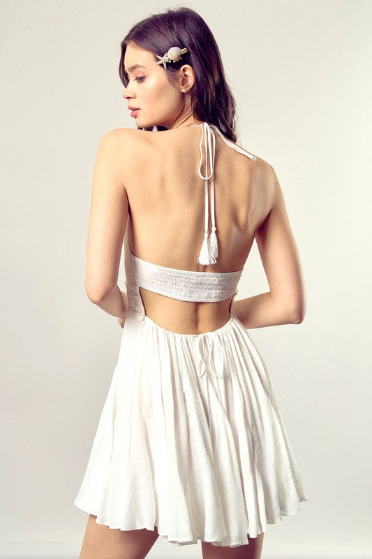 Lace Trim Back Drawstring Dress