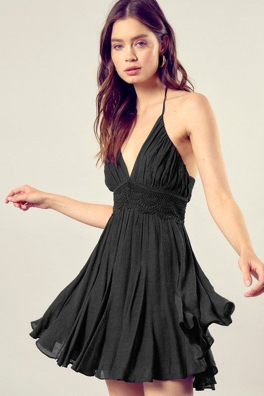 Lace Trim Back Drawstring Dress