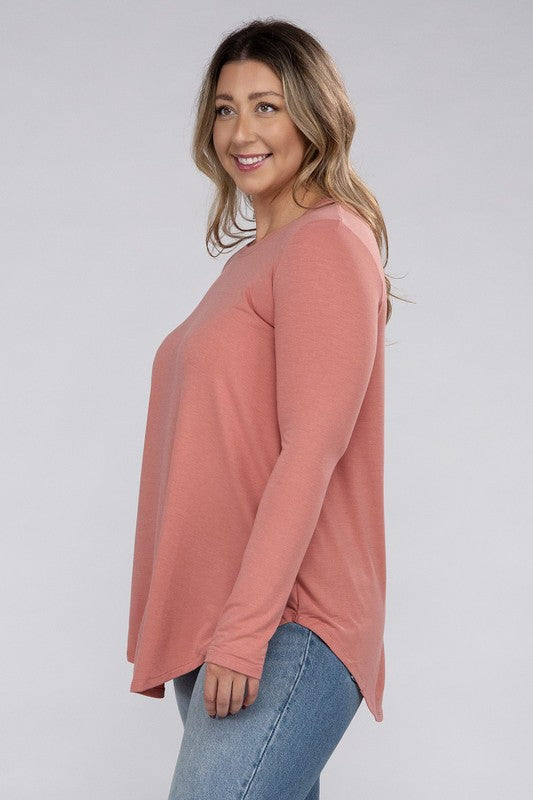 Plus Long Sleeve Round Neck Round Hem Tunic Top