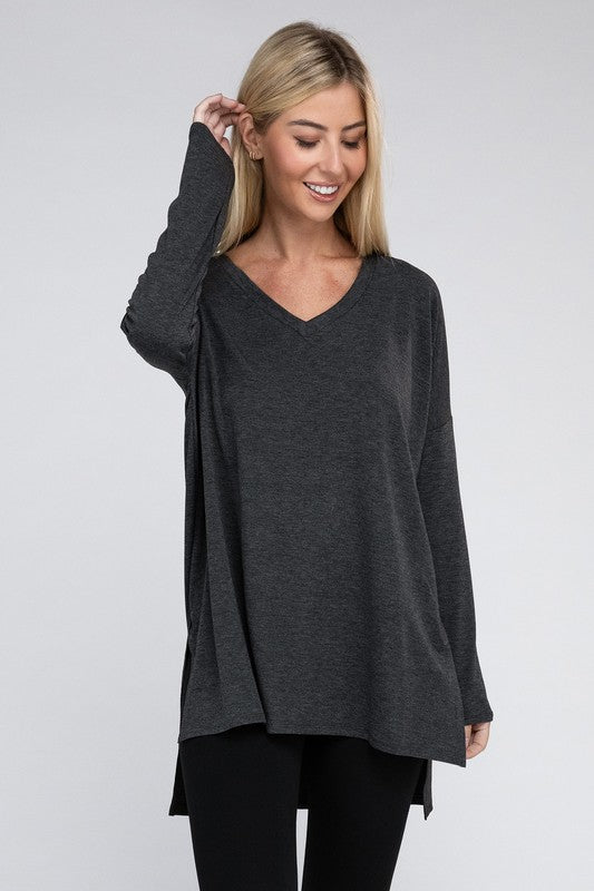 Dolman Long Sleeve  V-Neck  Top with Side Slit Hi-Low Hem