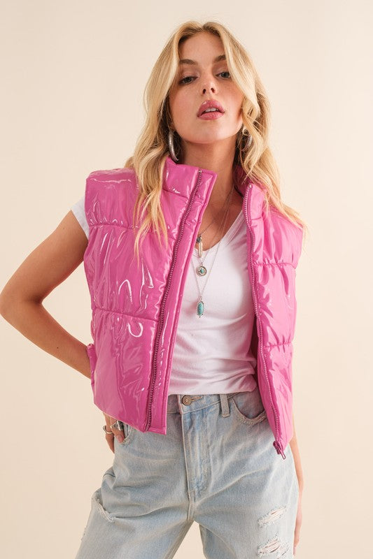 Gloss Quilted Puffer Zip Up Crop Vest