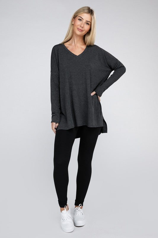 Dolman Long Sleeve  V-Neck  Top with Side Slit Hi-Low Hem