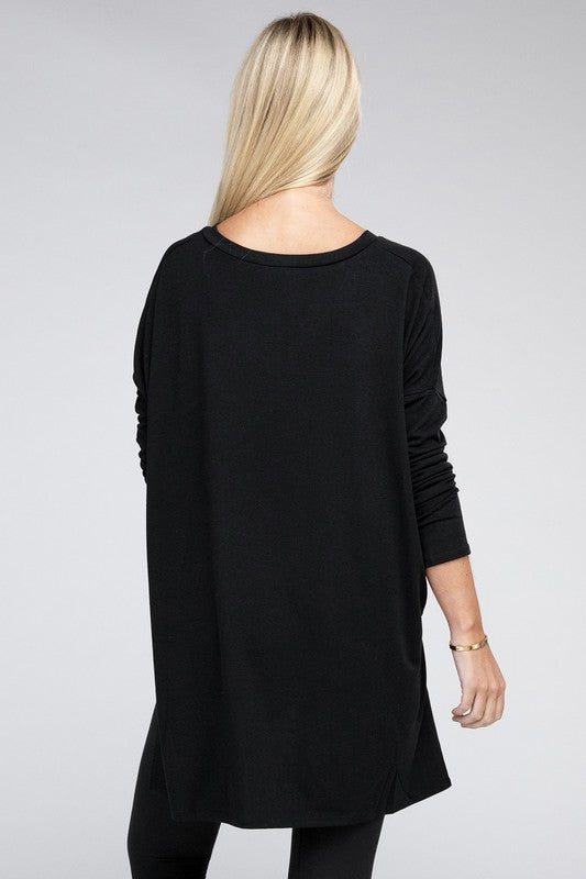 Dolman Long Sleeve  V-Neck  Top with Side Slit Hi-Low Hem