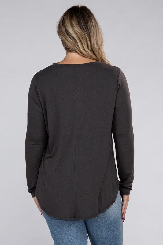 Plus Long Sleeve Round Neck Round Hem Tunic Top