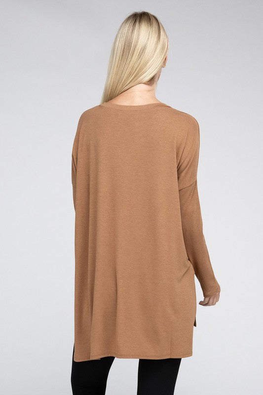 Dolman Long Sleeve  V-Neck  Top with Side Slit Hi-Low Hem