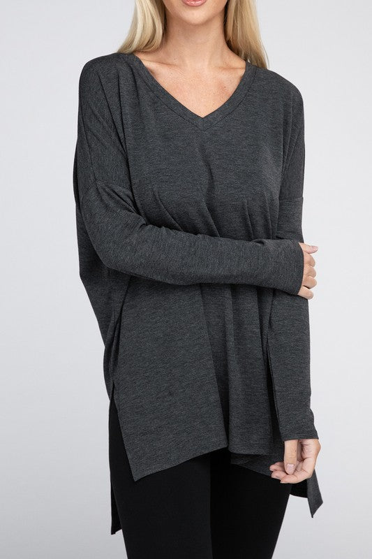 Dolman Long Sleeve  V-Neck  Top with Side Slit Hi-Low Hem