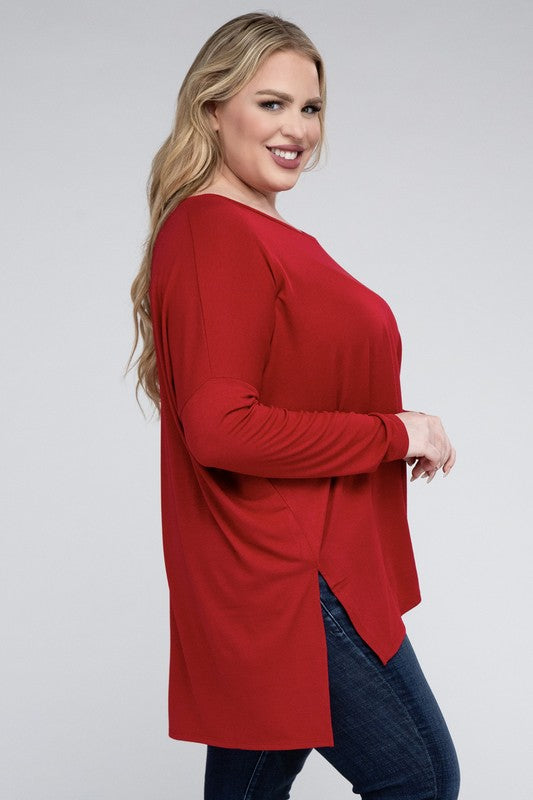 Plus  V-Neck Side Slit Hi-Low Hem Tunic Top