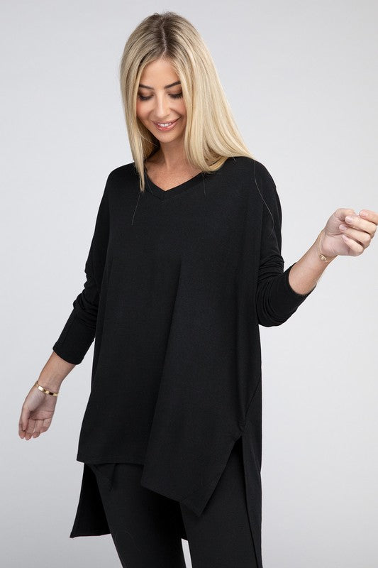 Dolman Long Sleeve  V-Neck  Top with Side Slit Hi-Low Hem