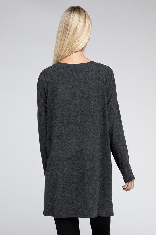 Dolman Long Sleeve  V-Neck  Top with Side Slit Hi-Low Hem