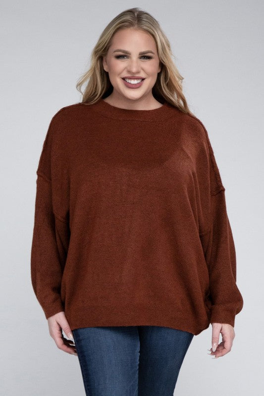 Plus Oversized Round Neck Raw Seam Sweater