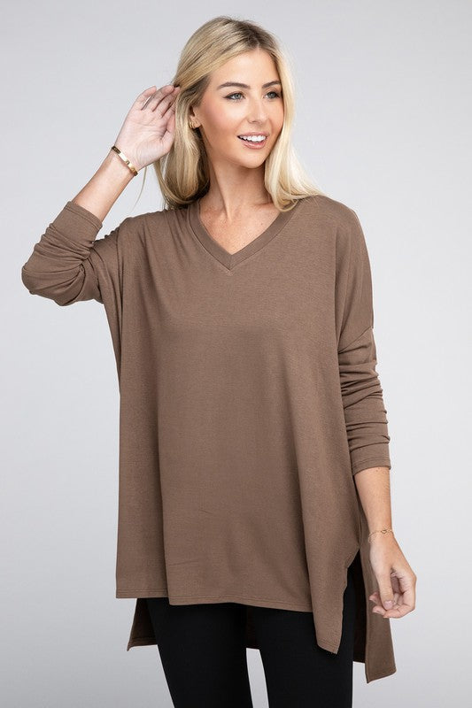 Dolman Long Sleeve  V-Neck  Top with Side Slit Hi-Low Hem