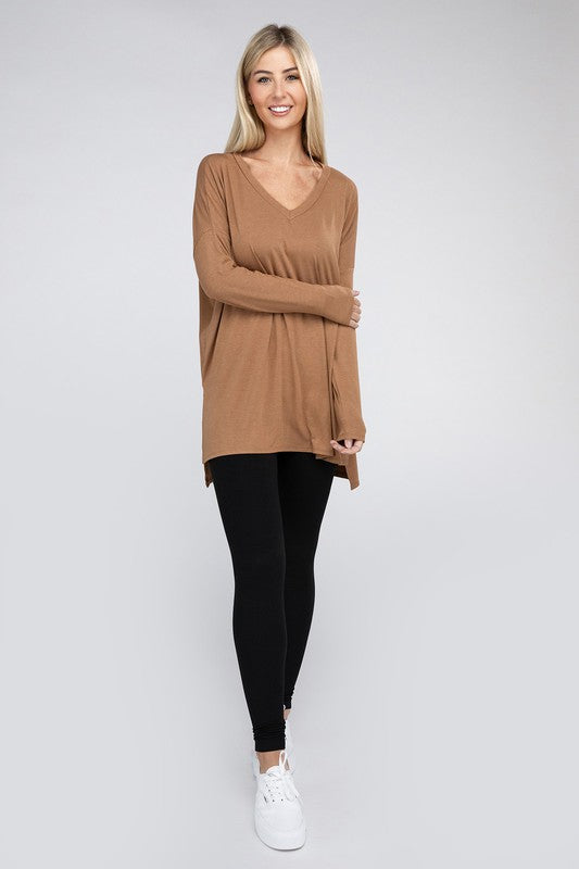 Dolman Long Sleeve  V-Neck  Top with Side Slit Hi-Low Hem