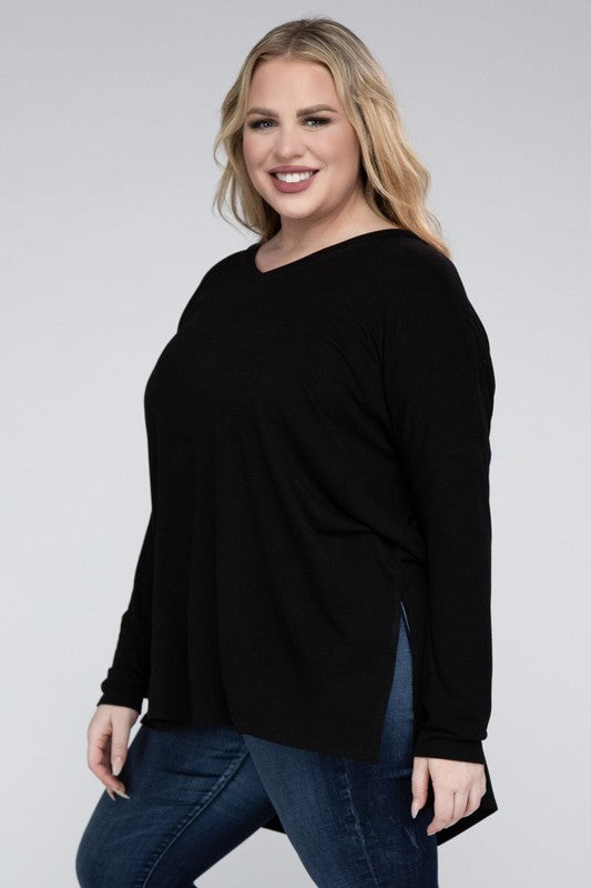 Plus  V-Neck Side Slit Hi-Low Hem Tunic Top