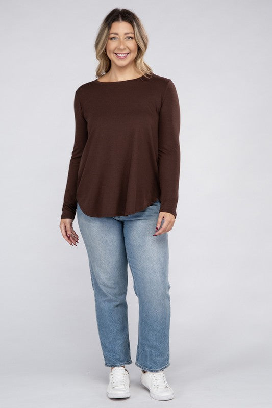 Plus Long Sleeve Round Neck Round Hem Tunic Top