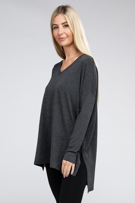 Dolman Long Sleeve  V-Neck  Top with Side Slit Hi-Low Hem