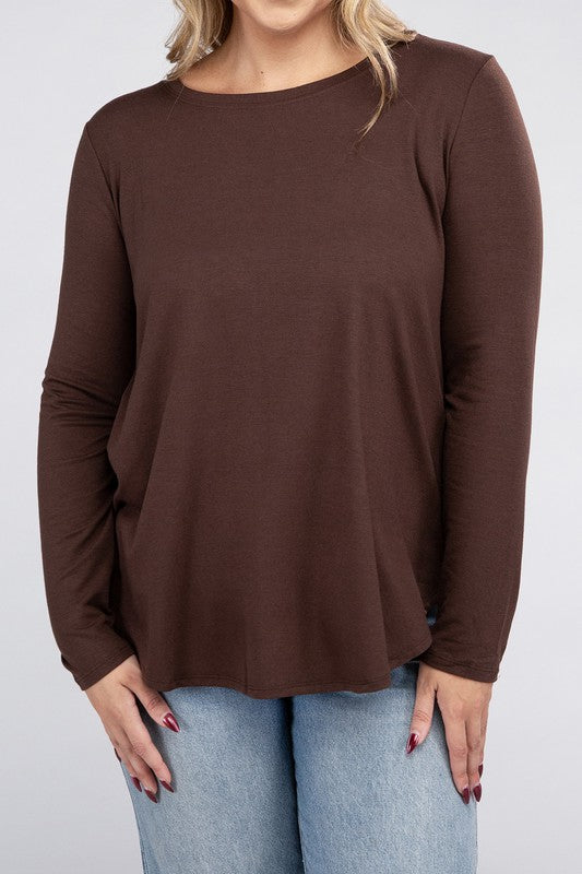 Plus Long Sleeve Round Neck Round Hem Tunic Top