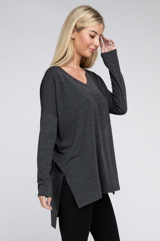 Dolman Long Sleeve  V-Neck  Top with Side Slit Hi-Low Hem