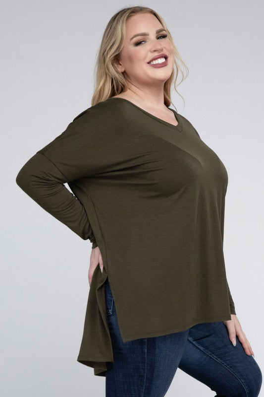 Plus  V-Neck Side Slit Hi-Low Hem Tunic Top