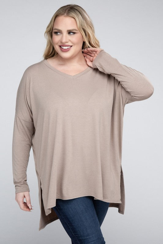 Plus  V-Neck Side Slit Hi-Low Hem Tunic Top