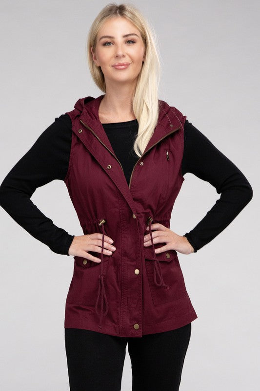 Drawstring Waist Hoodie Vest Jacket