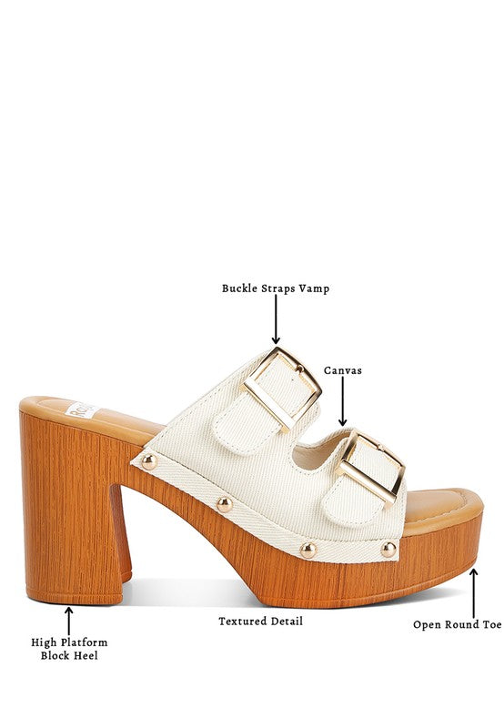 Buckle Strap High Block Heel Mules