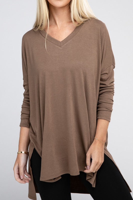 Dolman Long Sleeve  V-Neck  Top with Side Slit Hi-Low Hem