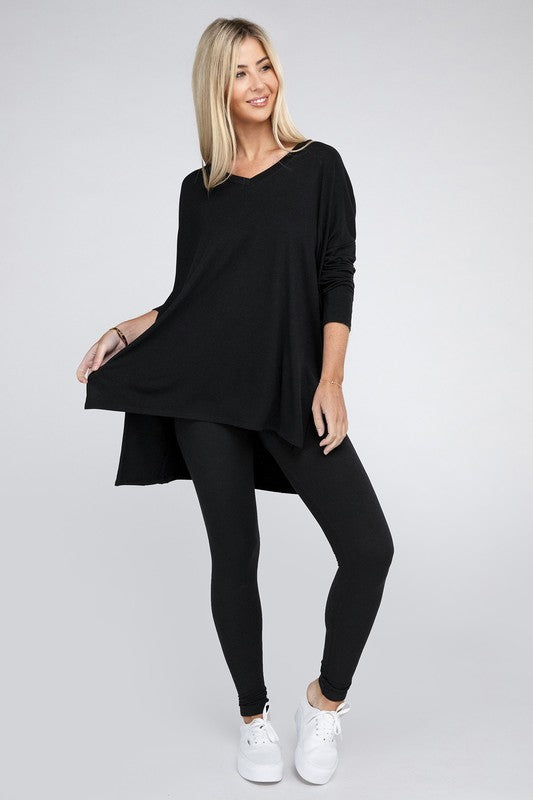 Dolman Long Sleeve  V-Neck  Top with Side Slit Hi-Low Hem