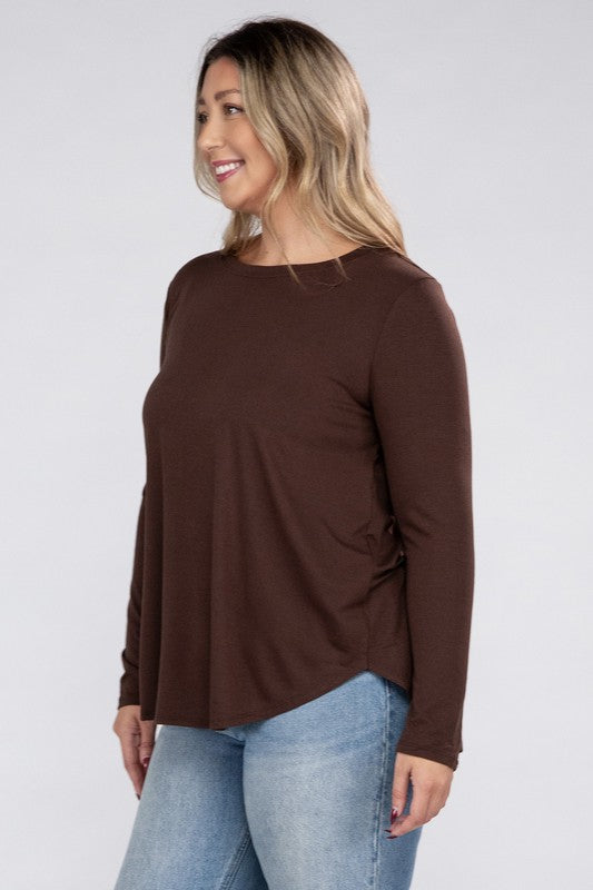 Plus Long Sleeve Round Neck Round Hem Tunic Top