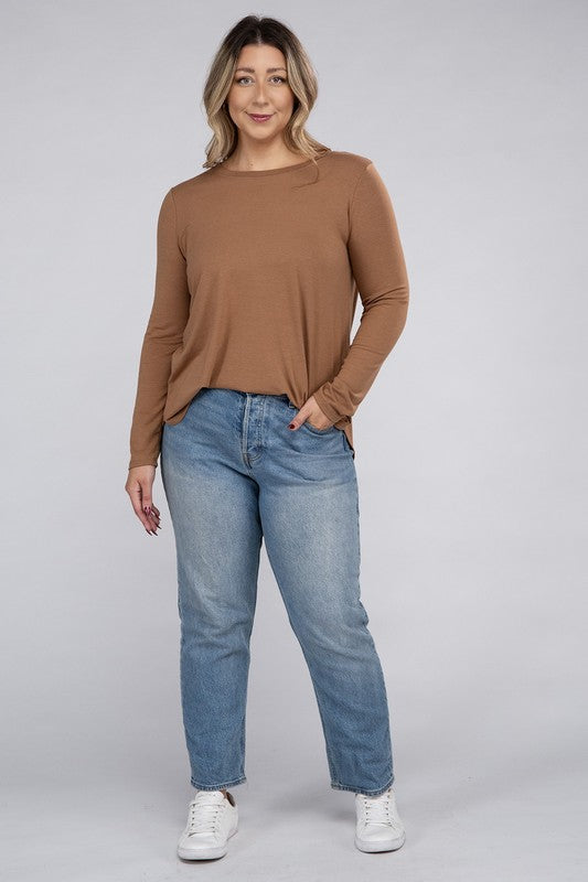 Plus Long Sleeve Round Neck Round Hem Tunic Top