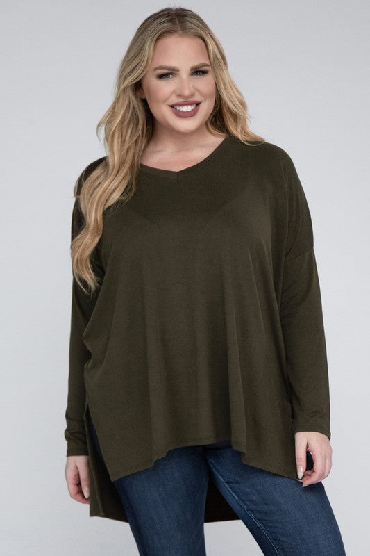 Plus  V-Neck Side Slit Hi-Low Hem Tunic Top