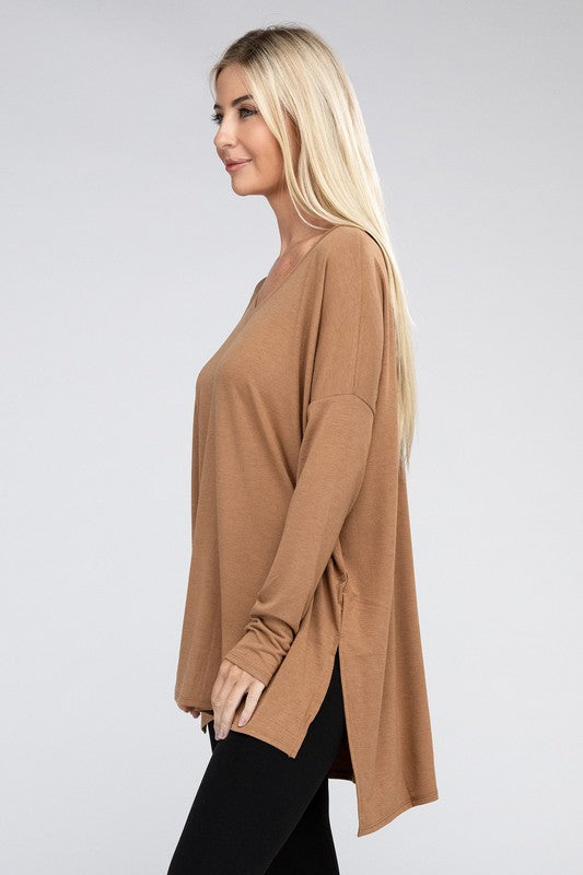 Dolman Long Sleeve  V-Neck  Top with Side Slit Hi-Low Hem