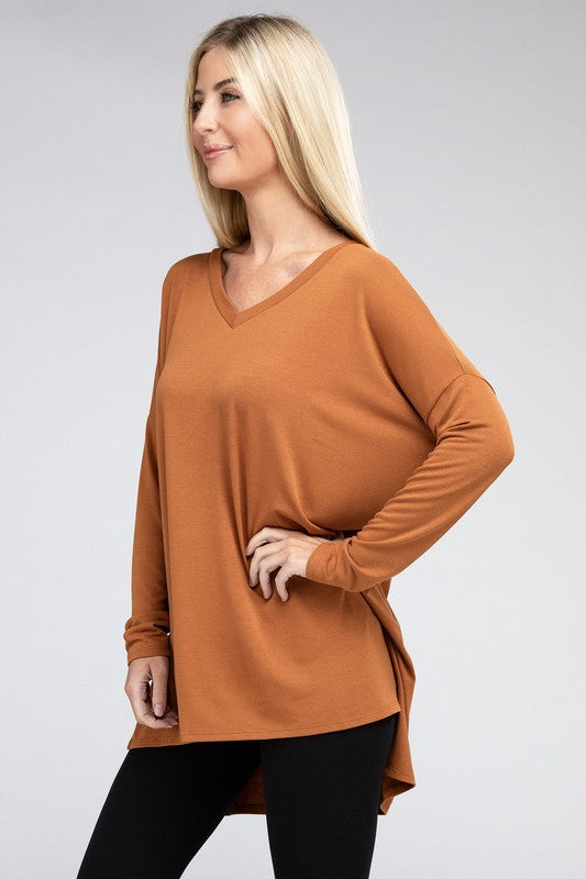 Dolman Long Sleeve  V-Neck  Top with Side Slit Hi-Low Hem